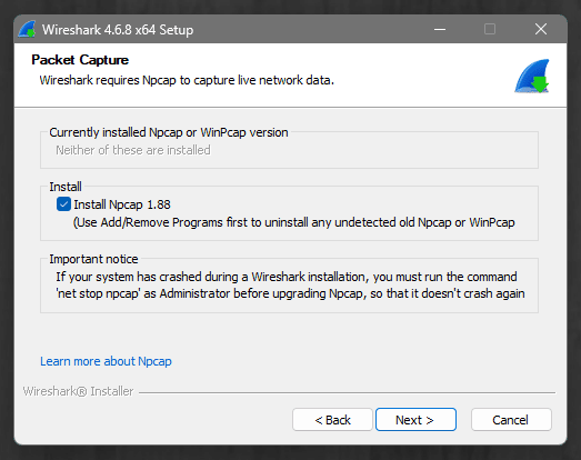 Wireshark Packet Capture screen with Install Npcap checked