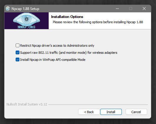 Npcap Installation Options with WinPcap API-compatible Mode checked